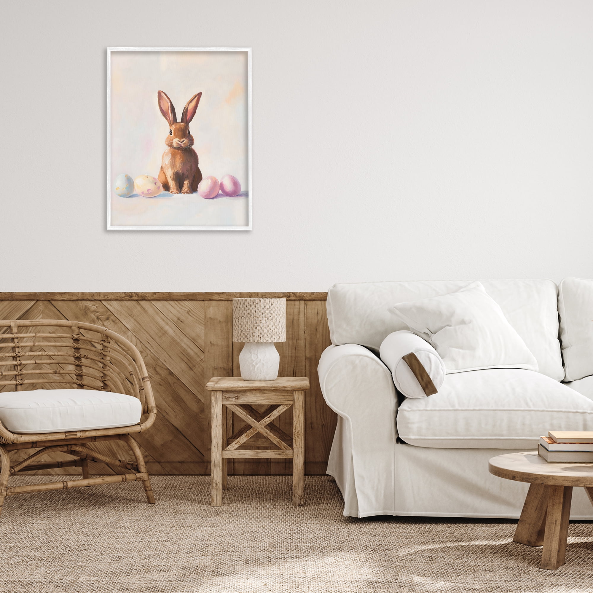 Stupell Industries Easter Bunny with Pastel Eggs White Framed Giclee Art, design by The Prints Vibe
