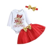Nokpsedcb My 1st Christmas Newborn Baby Girls Clothes Sets Letter Long Sleeve Romper Gauze Skirt Headband White Red Gift 12-18 Months