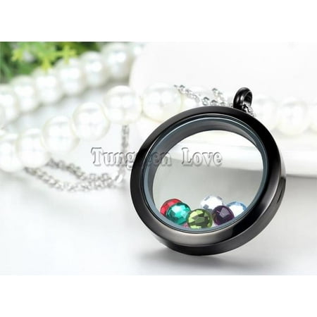 - 30mm Round Shape Magnetic Glass Stainless Steel Floating Locket with Colorful rhinestone Necklaces 45cm Chain