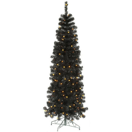 6.5' Pre-Lit Pencil Black Artificial Christmas Tree - Orange LED Lights
