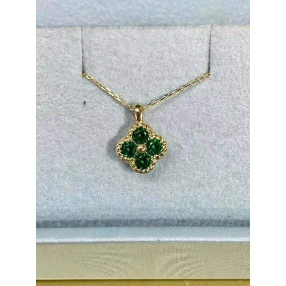 Hitanshu Jewels 2Ct Green CZ Clover Pendant Necklace 18" 14K Yellow Gold Plated
