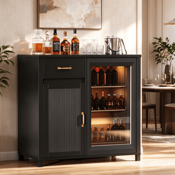 EVOKEDEN 39'' Wine Bar Cabinet with Fridge Space, Fluted Buffet Sideboard with Power Outlet, Black
