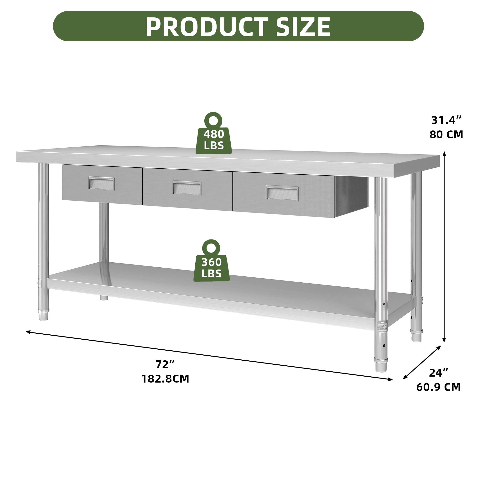 Uforic 72" x 24" Stainless Steel Work Table with 3 Drawers, Adjustable Storage Shelf, Heavy-Duty NSF Prep Table for Kitchen, Restaurant