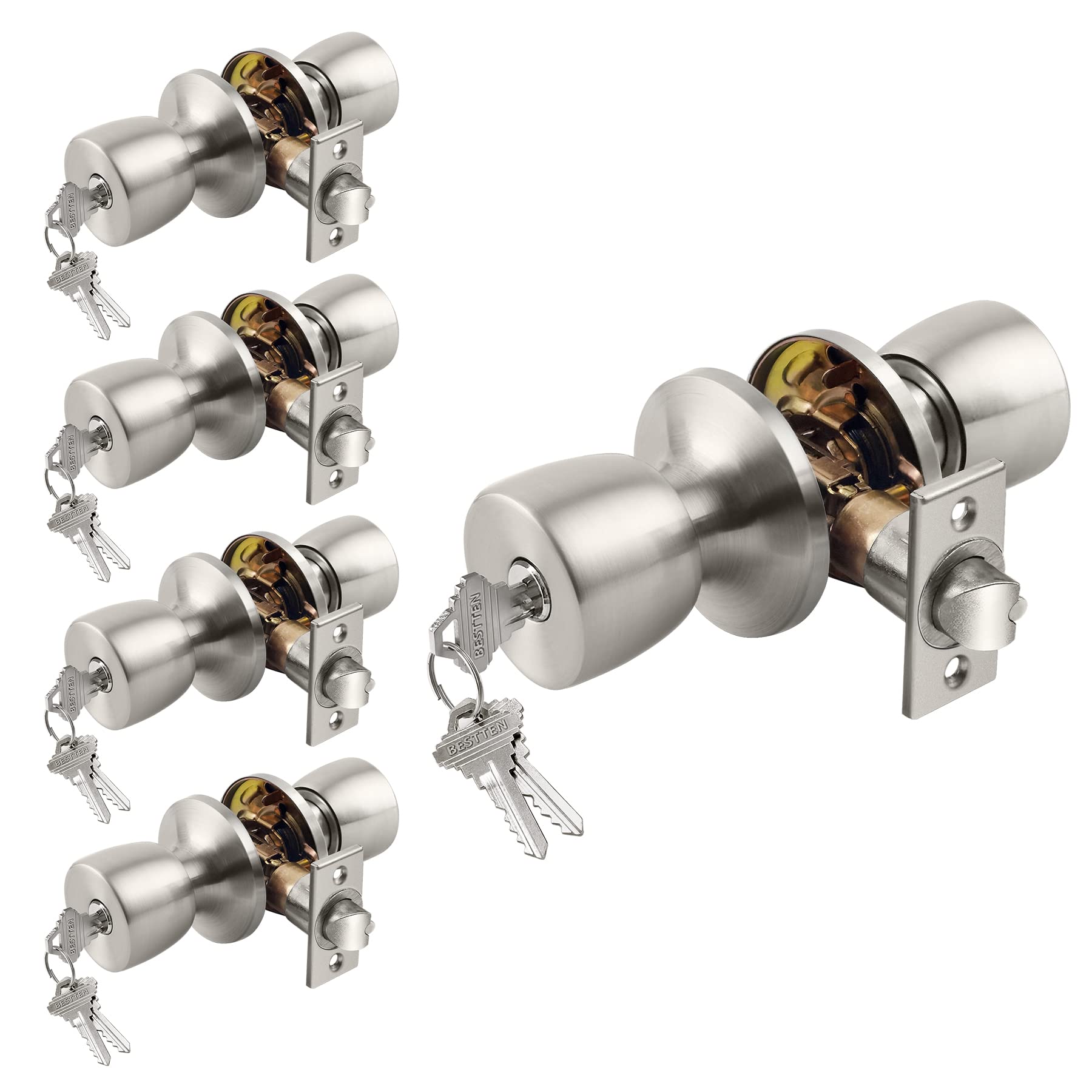 [5 Pack] BESTTEN Entry Door Knob with Lock and Keys, Berlin Series