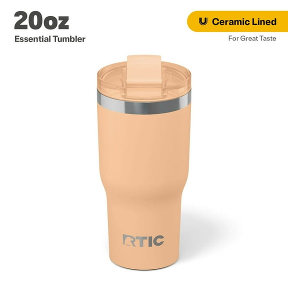 RTIC 20 oz Ceramic Lined Insulated Essential Tumbler, Leak-Resistant Lid, Peach Tea