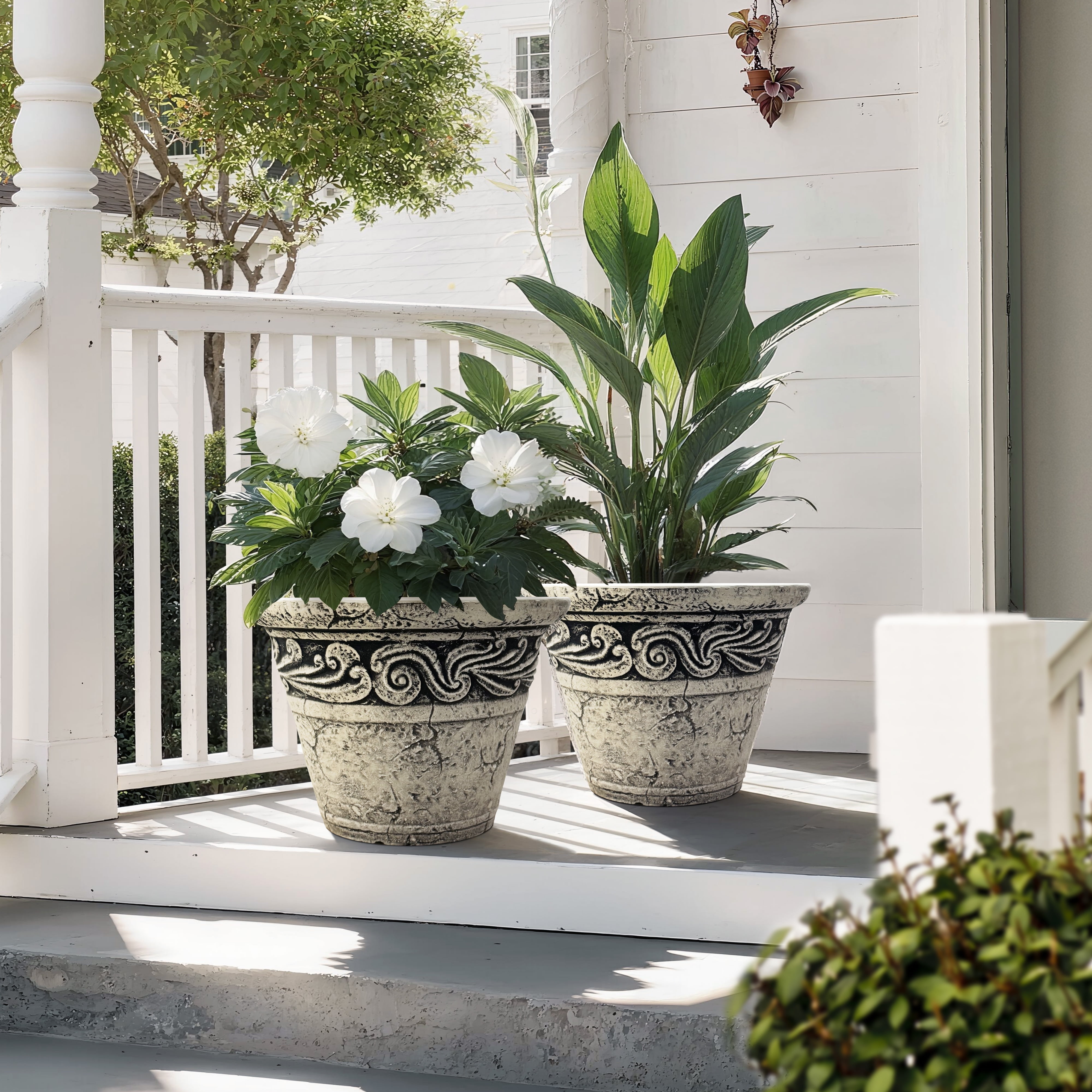 12 in. Dia Two-piece Set Of Classical Relief Flower Pots for Indoor/Outdoor Plants (Set of 2) in Black&White