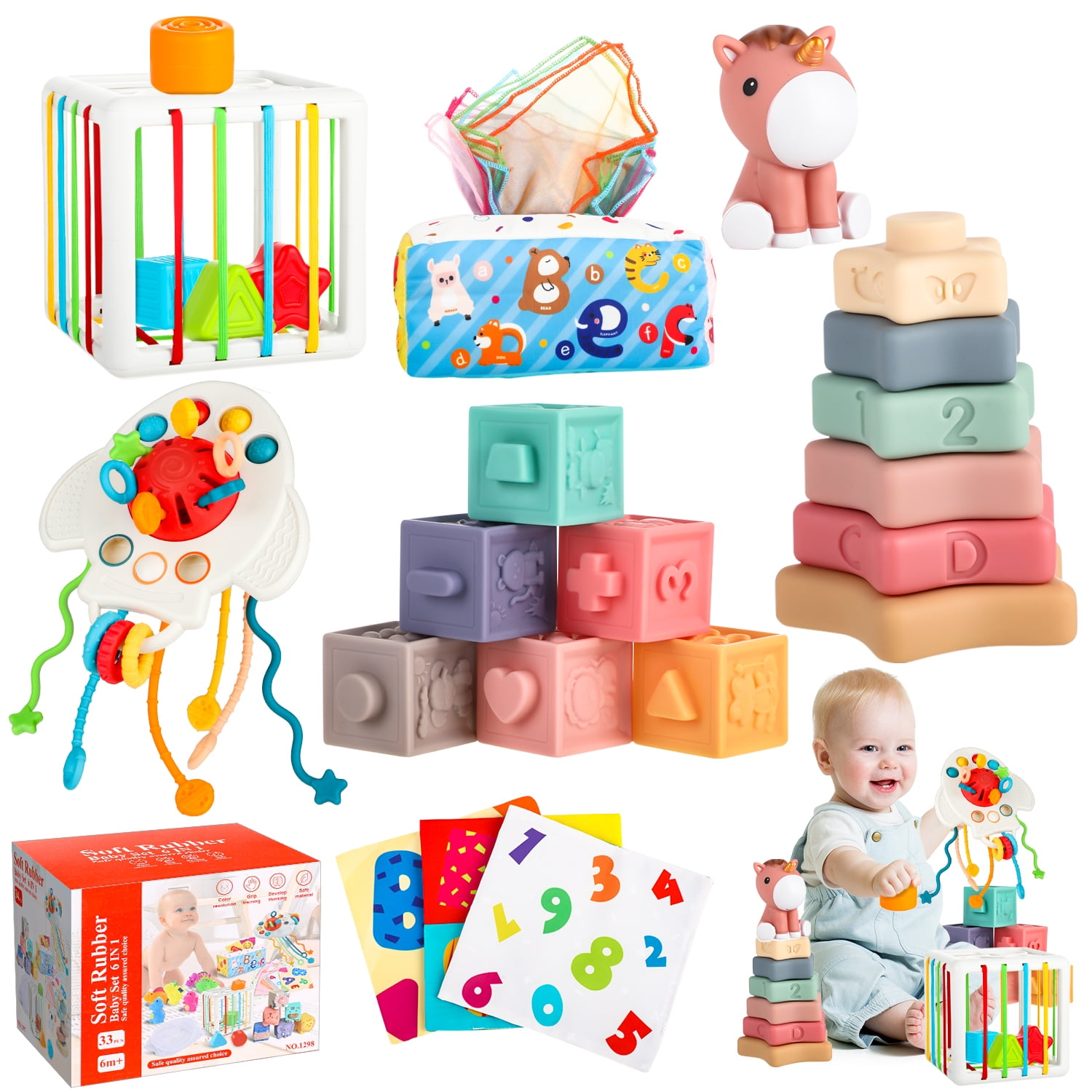 UQN Montessori Toys for 1 2 Year Old, 6 in 1 Baby Toys for 6-12-18 Months, Infant Sensory Toy Set , Shape Sorter and Activity Toys, Learning Gifts for Baby Boys Girls,Christmas Birthday Gift