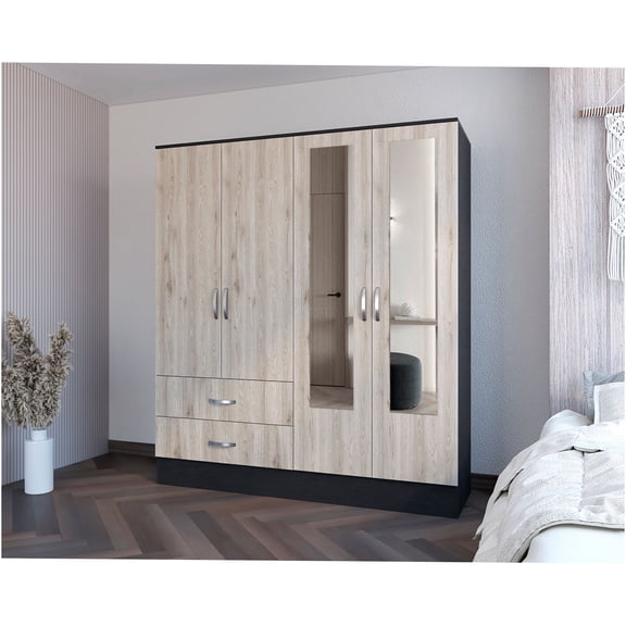 JERFIT Modern Wardrobe with Mirrored Doors and Drawers, Light Gray Armoire Closet for Bedroom Storage