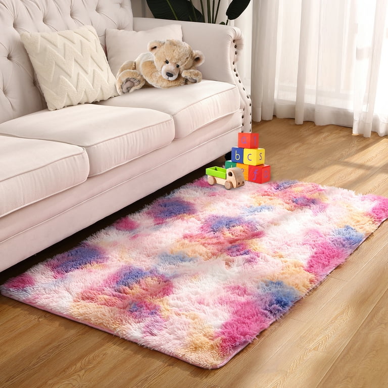 Fluffy Kids Rug for Girls Bedroom Carpets, Colorful Tie Dye Fuzzy Rugs for  Teens Dorm Shaggy Nursery Area Rug ,Yellow Purple, 3x5 Feet 
