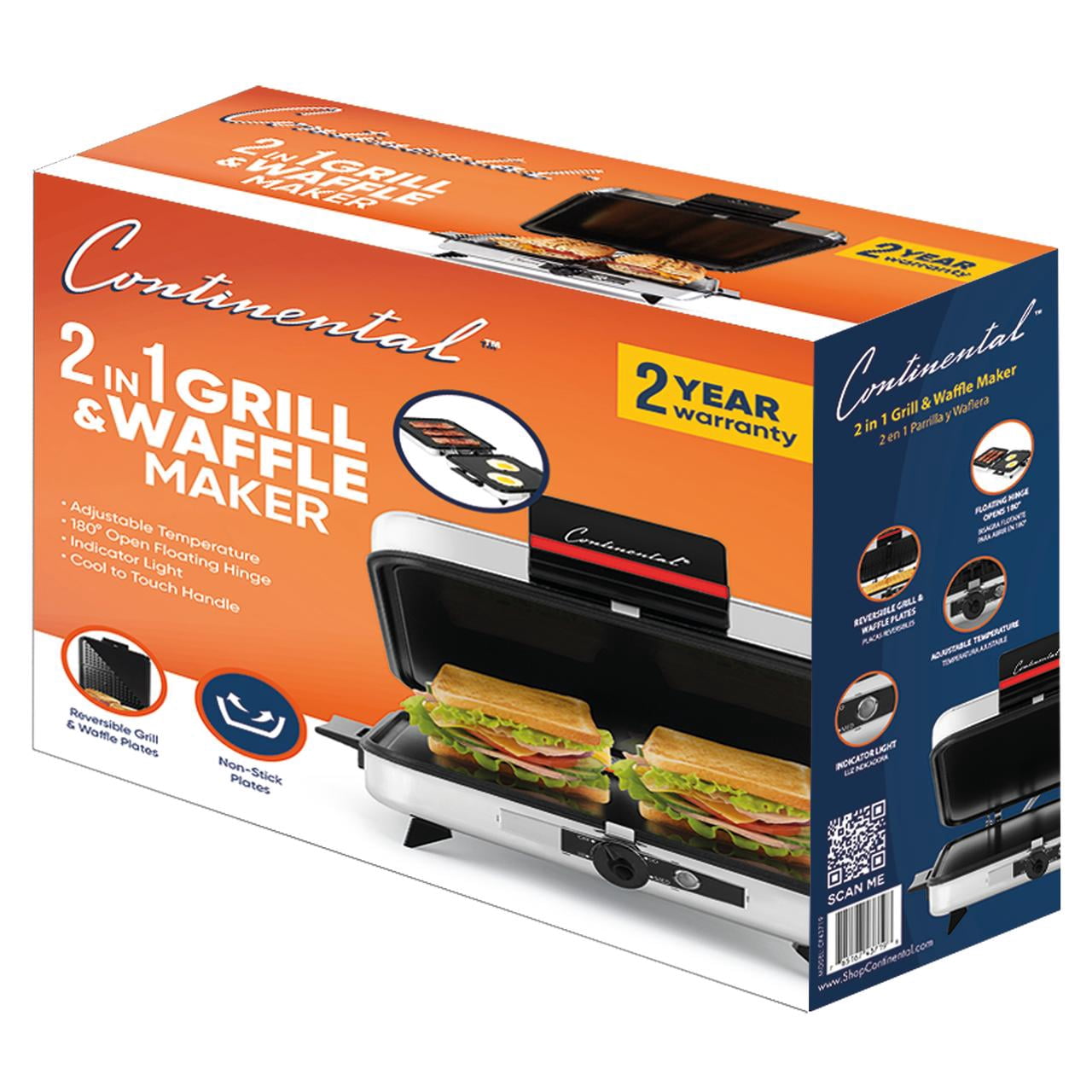 Continental Electric Grill & Waffle Maker Reversible Plates