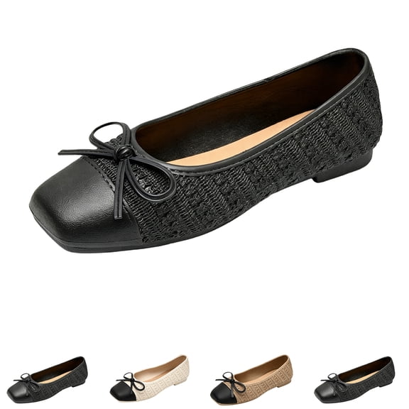 Domzle Women's Ballet Flats Cap Toe Bow Flats Two Tone Slip On Flats Comfort Square Toe Dressy Flat Shoes for Casual Work Beige