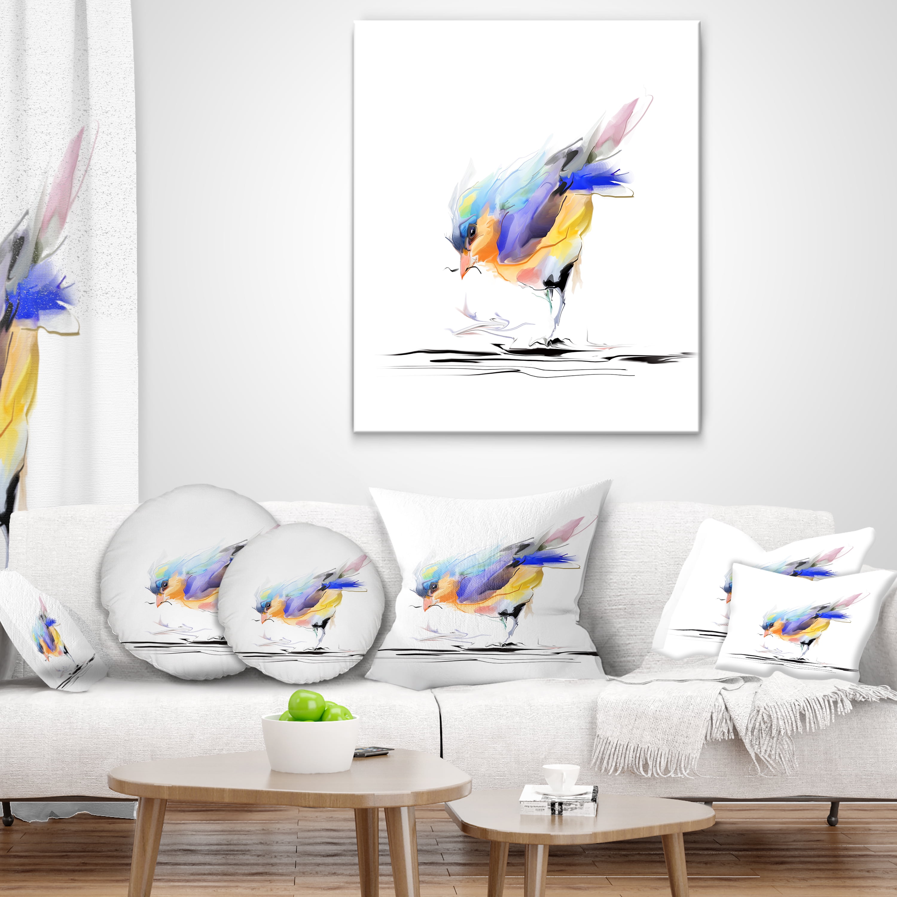 Designart Cute Bird in Purple and Yellow - Watercolor Painting Throw Pillow - 16x16
