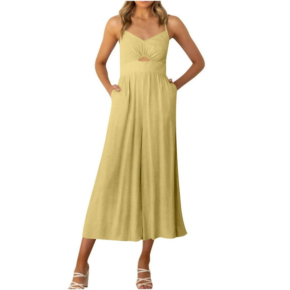 Womens Summer Sleeveless Cami Jumpsuits V Neck Cutout High Waisted Pleated Wide Leg Cropped Pants Beach Pockets Rompers
