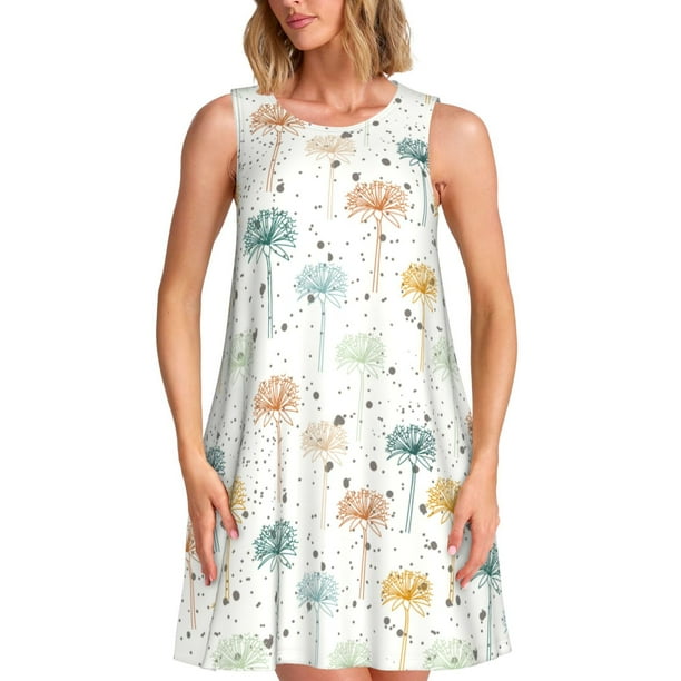 Fotbe Dandelion Vestido de Verano sin Mangas para Mujer – Vestido Midi Línea A, Estilo Camiseta Floral, Vestido Playero Casual y Fluido