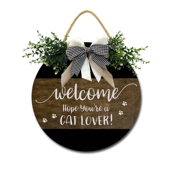 Welcome Hope You’re A Cat Lover Front Door,Horizontal Round Door Wreaths,Housewarming Gift Farmhouse Wood Door Hanger for Home Decor Indoor and Outdoor, Classroom, Yard, Porch Décor