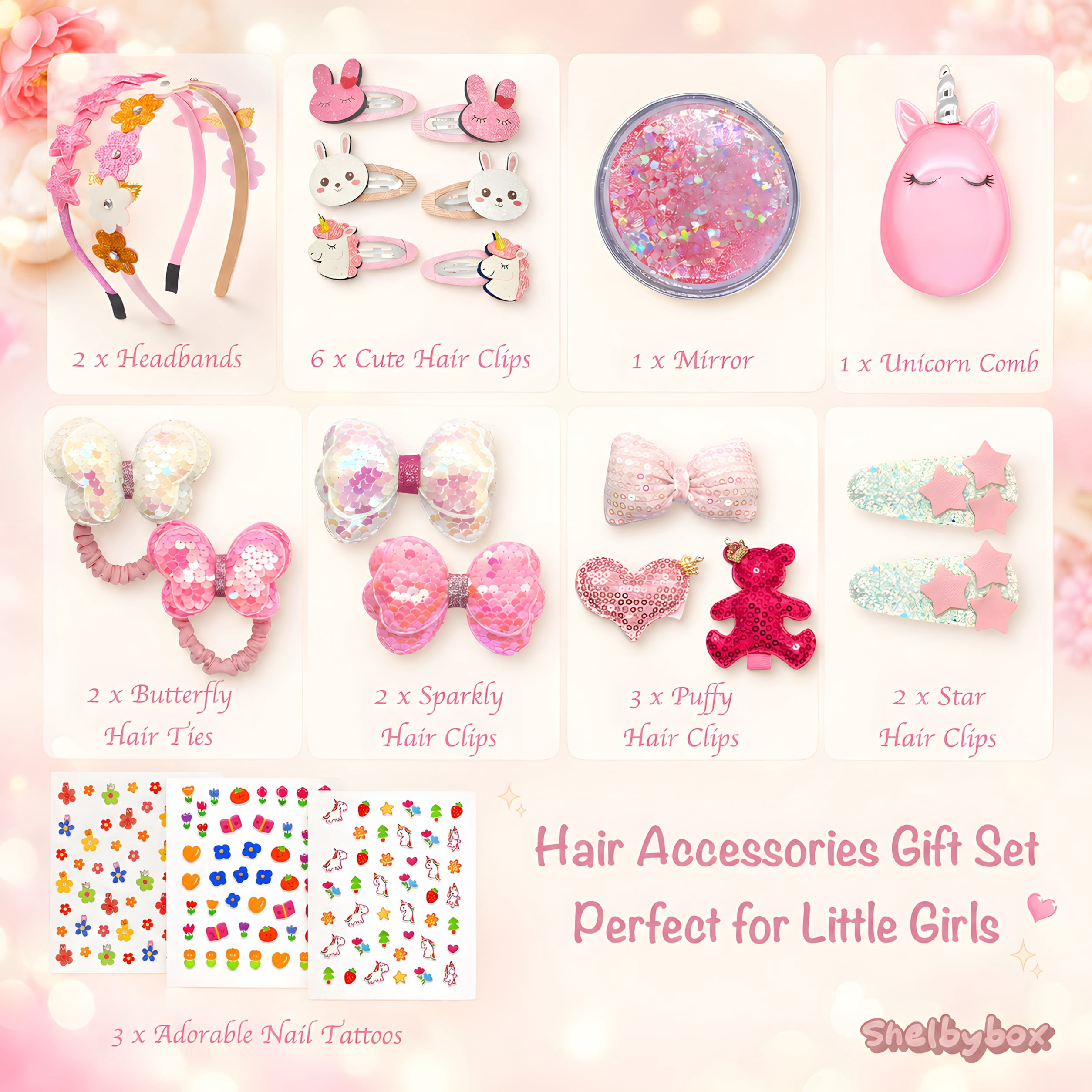 Shelbybox Hair Accessories for Girls Gift Set, 22 Pieces Pink Hair Clips, Barrettes, Ponytail Ties, Bows, Headbands, Mirror & Unicorn Comb, Toddler Hair Set