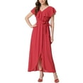 thumbnail image 1 of Unique Bargains Wrap Robe pour les Femmes Casquette Manches Volantées V Cou Casual Maxi Robes Rouge S, 1 of 5