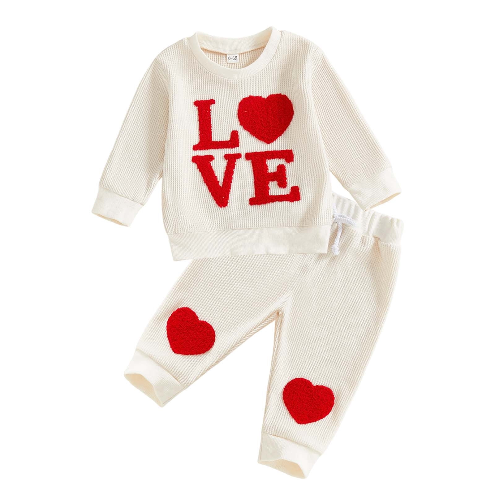 Gelikeya Baby Girl First Valentines Day Outfit Long Sleeve Tops Pants 2 Piece Cute Hearts Birthday Spring Fall Clothes, X02 Beige & 3-4 Years