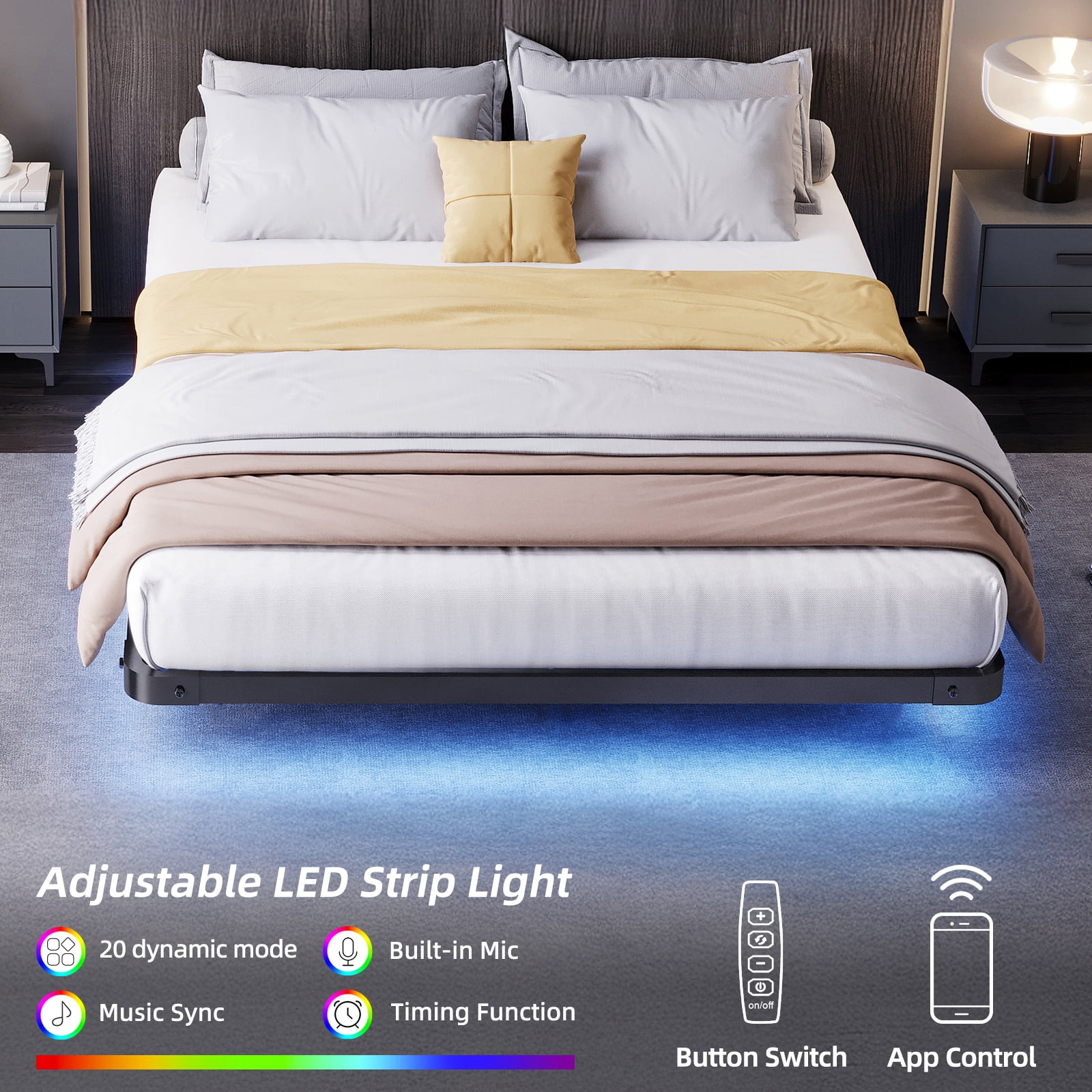 Fairy Full Size Bed Frame with Charging Station, LED Lights, Heavy-Duty Metal Platform, Black