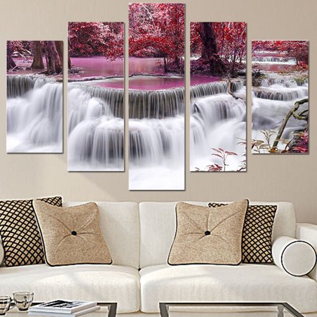 Red Tree Forest Waterfall Landscape Unframed 5 Panel Wall Art Decor Canvas Wall Art Modern Abstract Modern Hanging Mural Home Oil Painting Picture