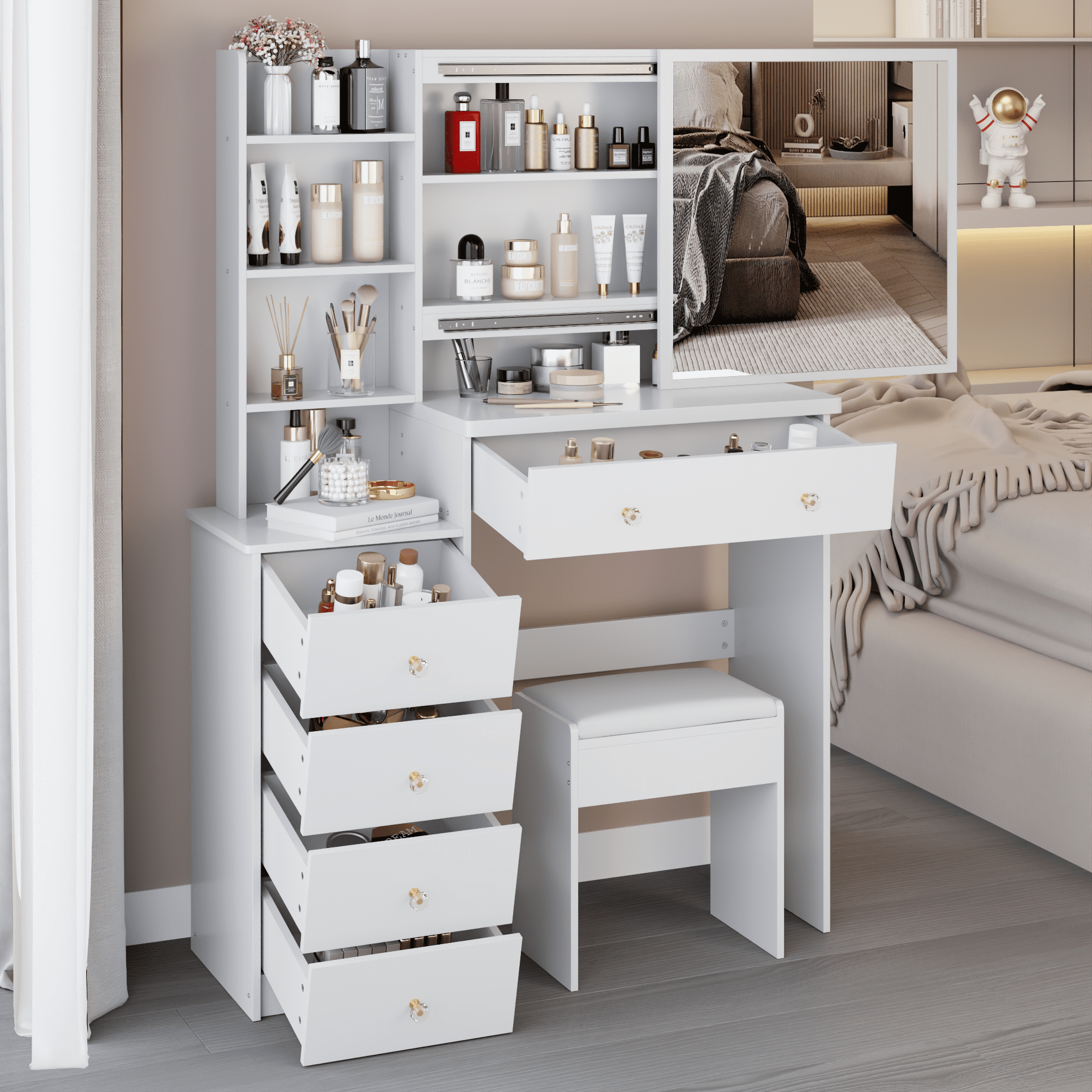 37" Large Space Dresser Set with Sliding Mirror & Stool, MDF Vanity Table with Multi-Layer Storage, American Design for Bedroom