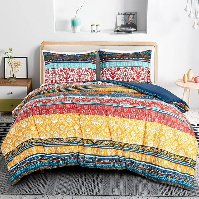 Chezmoi Collection Amara 3Piece Boho Stripe Full Comforter Set, Floral