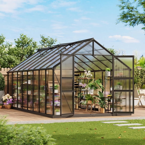 8×16 FT Aluminum Polycarbonate Greenhouse, Easy Assembly Walk-in Greenhouse with Roof Vent & Lockable Door, Heavy Duty Outdoor Greenhouse for Patio, Backyard, Garden, Sunroom