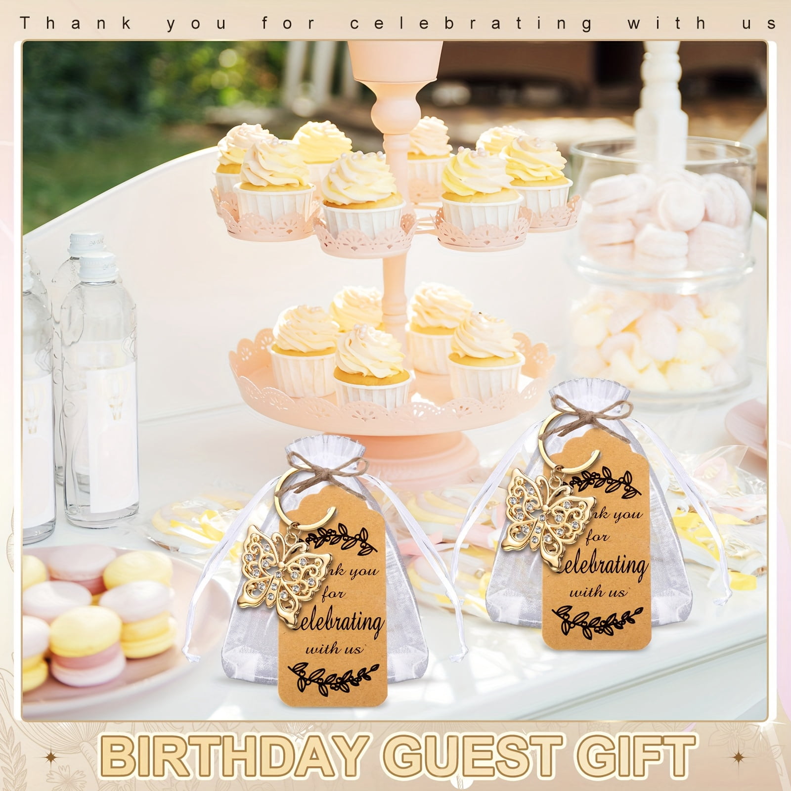 40 Set Butterfly Keychain Party Favor Bulk Butterfly Keyring Charm Accessories Souvenir Present Kraft Tag Organza Bag for Guest Baptism Bridal Baby Shower Wedding Mother Gift Supply (Gold)