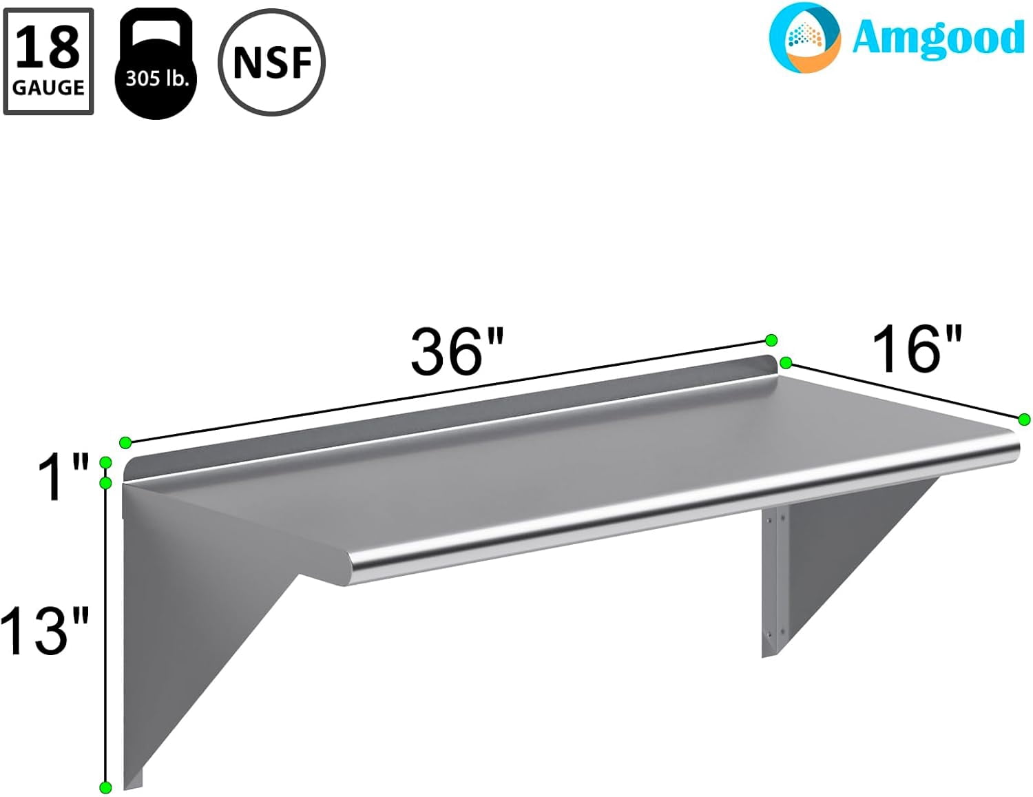 Springg 36" Long X 16" Deep Stainless Steel Wall Shelf | NSF Certified | Appliance & Equipment Metal Shelving | Kitchen, Restaurant, Garage, Laundry, Utility Room