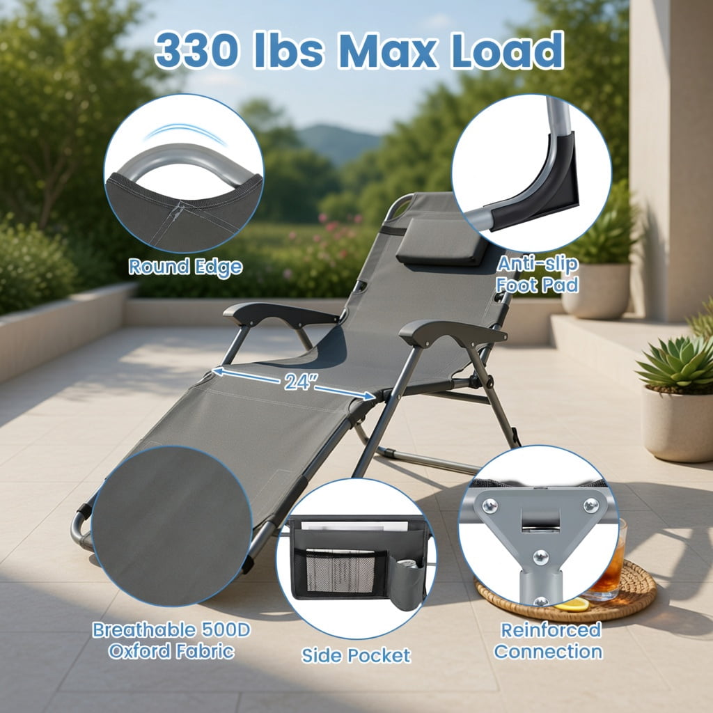 Hommoo Portable Folding Tanning Chair with Face Hole & Adjustable Backrest， Beach Sun Lounger for Pool, Backyard, Lawn, Gray