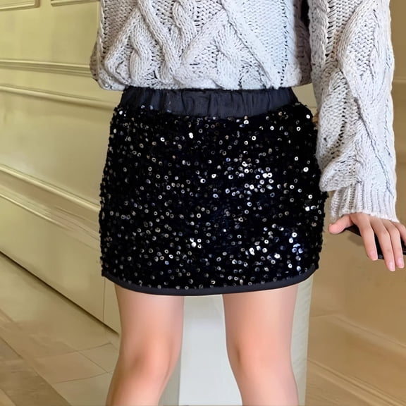 JIAYUE Kids Girls Carnival Skirts Solid Color Mini Sequins Skirts Elastic Waistband For Children Festival Charming Wear