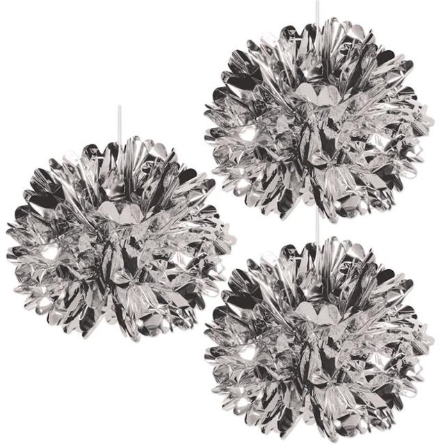 Metallic Fluff Balls, Silver - Pack of 12