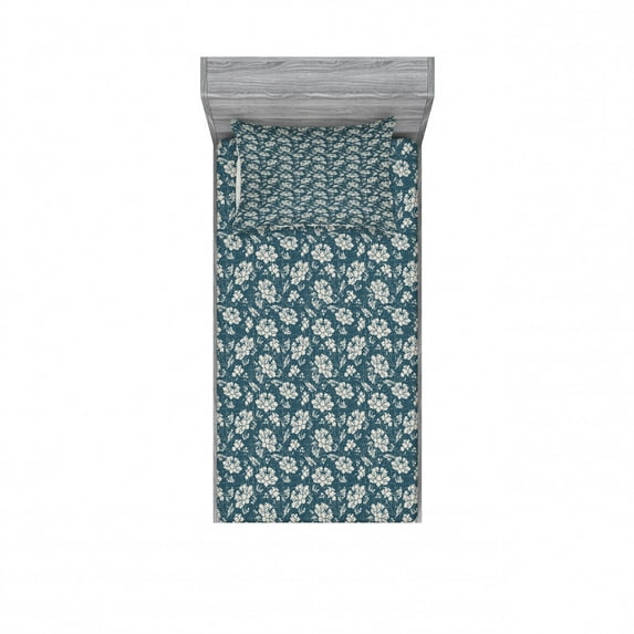 Vintage Bedding Set with Sheet & Covers, Botanic Garden Illustration Romantic Feminine Arrangement Grunge Effect, Printed Bedroom Decor 2 Shams, 4 Sizes, Dark Teal Eggshell, by Ambesonne