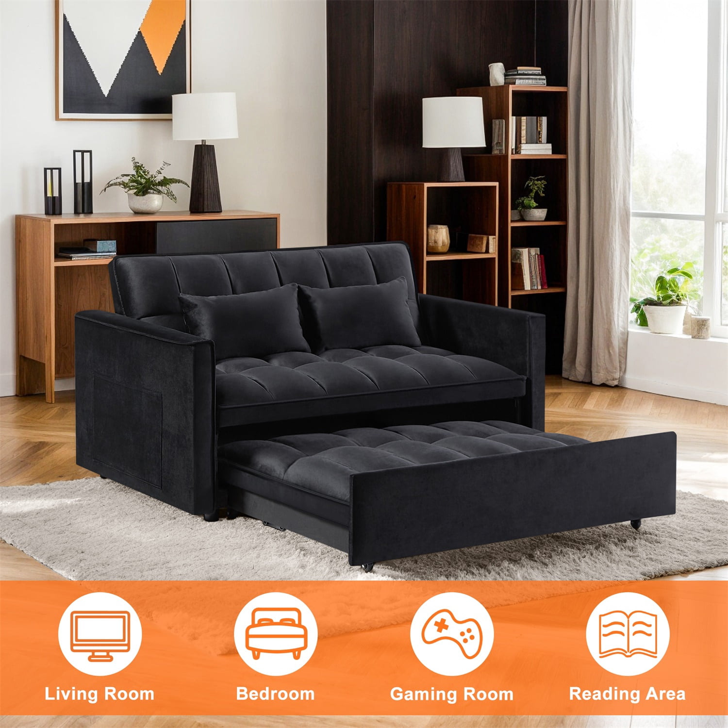 Hommoo Modern 3 in 1 Convertible Sleeper Sofa Bed, Pull Out Loveseat Couch Futon Sofa Bed with 3-Level Adjustable Back, Black
