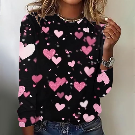 VKOYWKM Happy Valentines Day Shirts Women Funny Love Graphic T Shirts Long Sleeve Casual Crew Neck Shirts Loose Fit Holiday Tops Valentines Day Gifts for Women