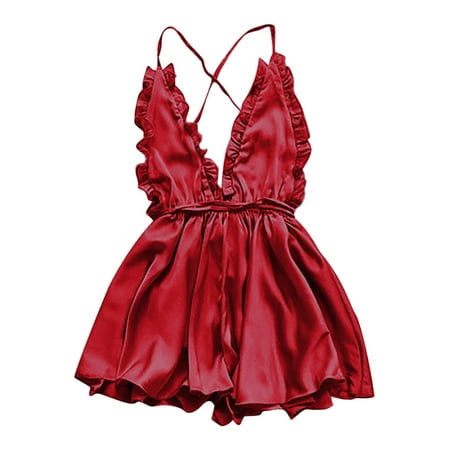 

Mikilon Women V-Neck Sling Ruffle Sexy Stain Camisole Pajamas Nightdress Sexy Lingerie Womens Lingerie Plus Size Sexy Summer Deal