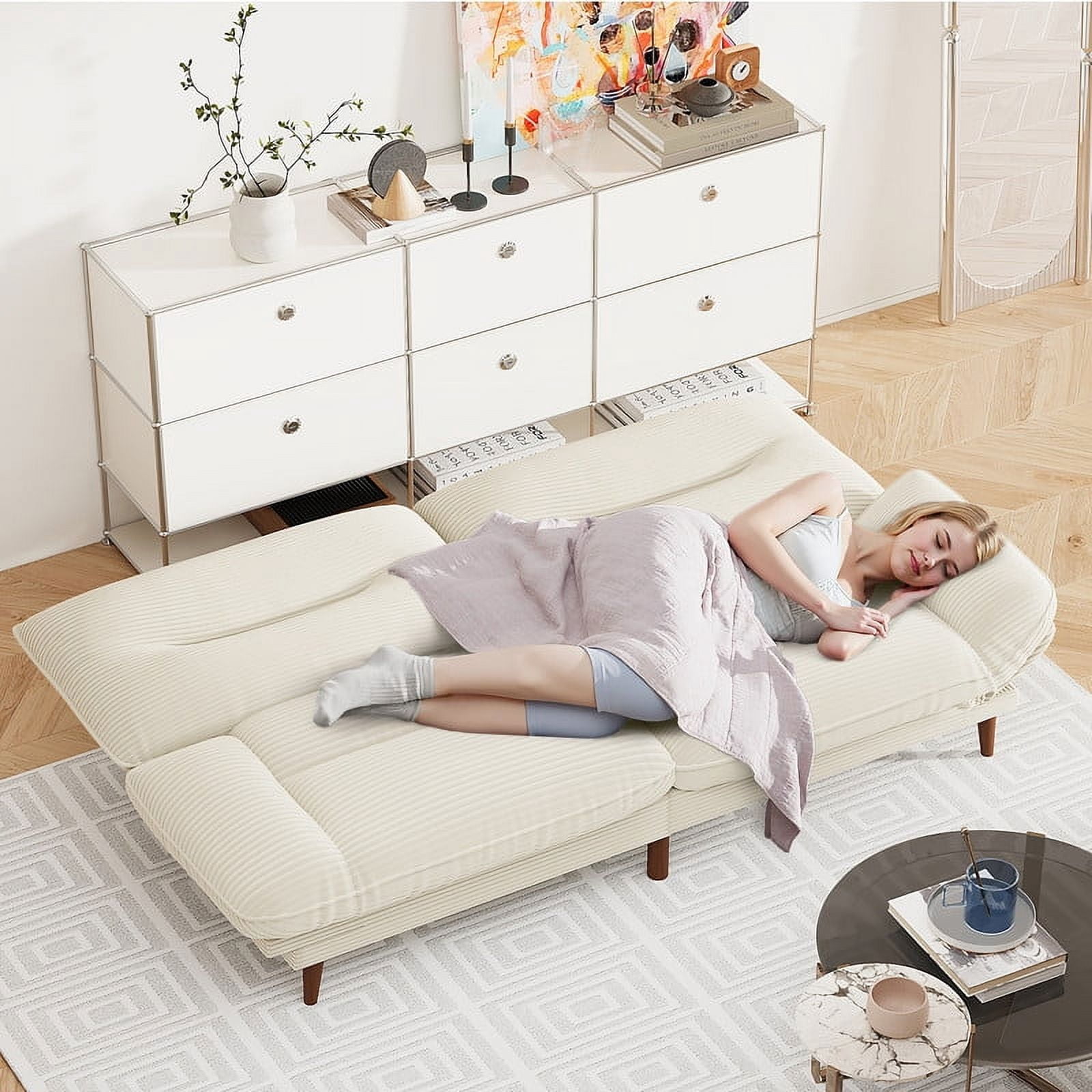 Furmax Futon with Five Angles Adjustable Armrests and Adjustable Backrest Futon Sofa Couch for Small Spaces Living Room Office,Beige
