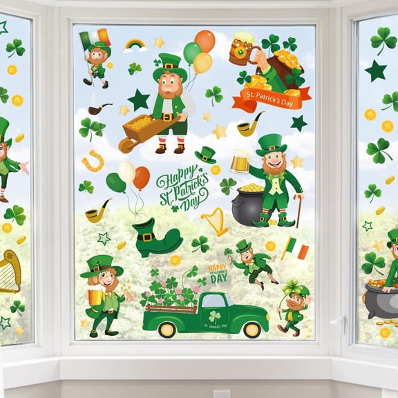 St Patricks Day Window Clings, Large Leprechaun Style Reusable Static Window Stickers for St Patricks Day Decorations