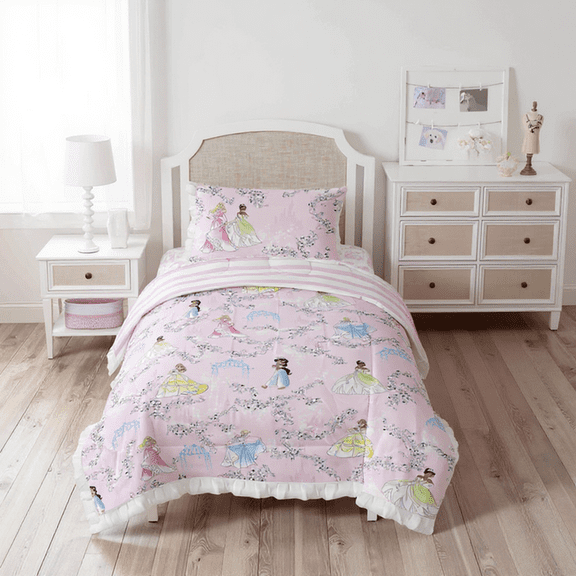 Princess Floral Gardens 2-Piece Twin/Full Reversible Comforter Set, Polyester Microfiber, Pink & White, Disney