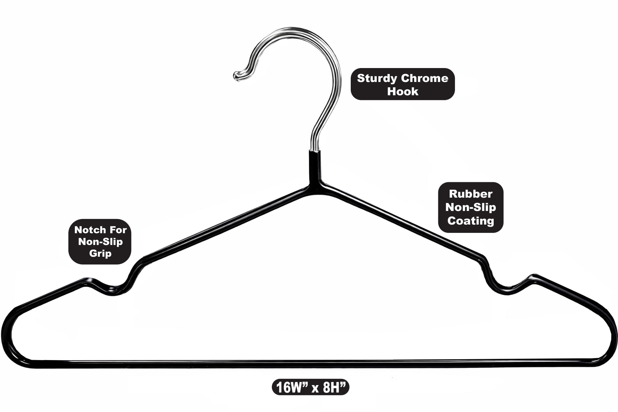 Simpli Furnished Non-Slip Rubber-Coated Hangers for Clothes, 16"w X 8"h, 120-Pack, Black