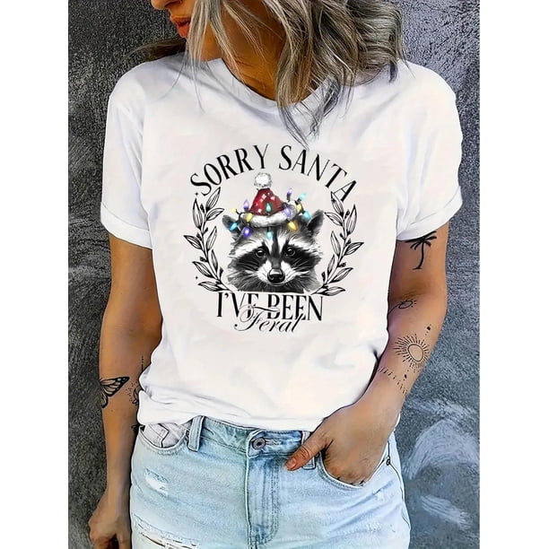 Camisetas con gráficos clásico para mujeres y adolescentes y niñas, playera de verano con estampado estéticoWomen's Christmas Raccoon Graphic T-Shirt, Casual Crew Neck Short Sleeve Tee, Polyester &