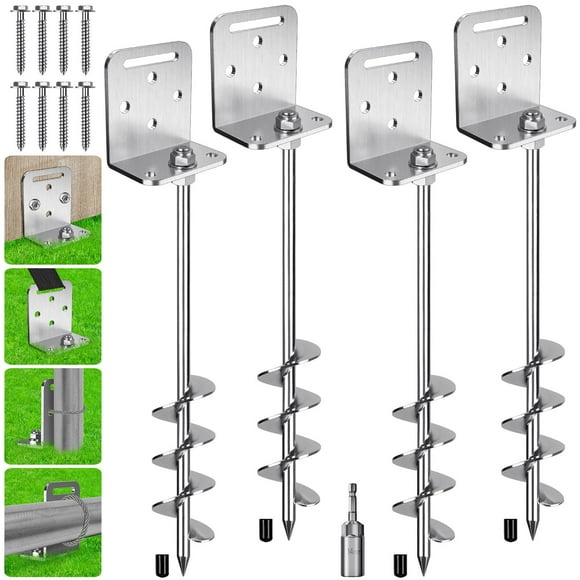 4 Pack 24" Ground Anchors Screw in Shed Earth Anchor Stakes kit with Versatile L Bracket Trampoline Anchor 20MM Spiral Swingset Anchors for Swing Set, Tent, Mobile Ho
