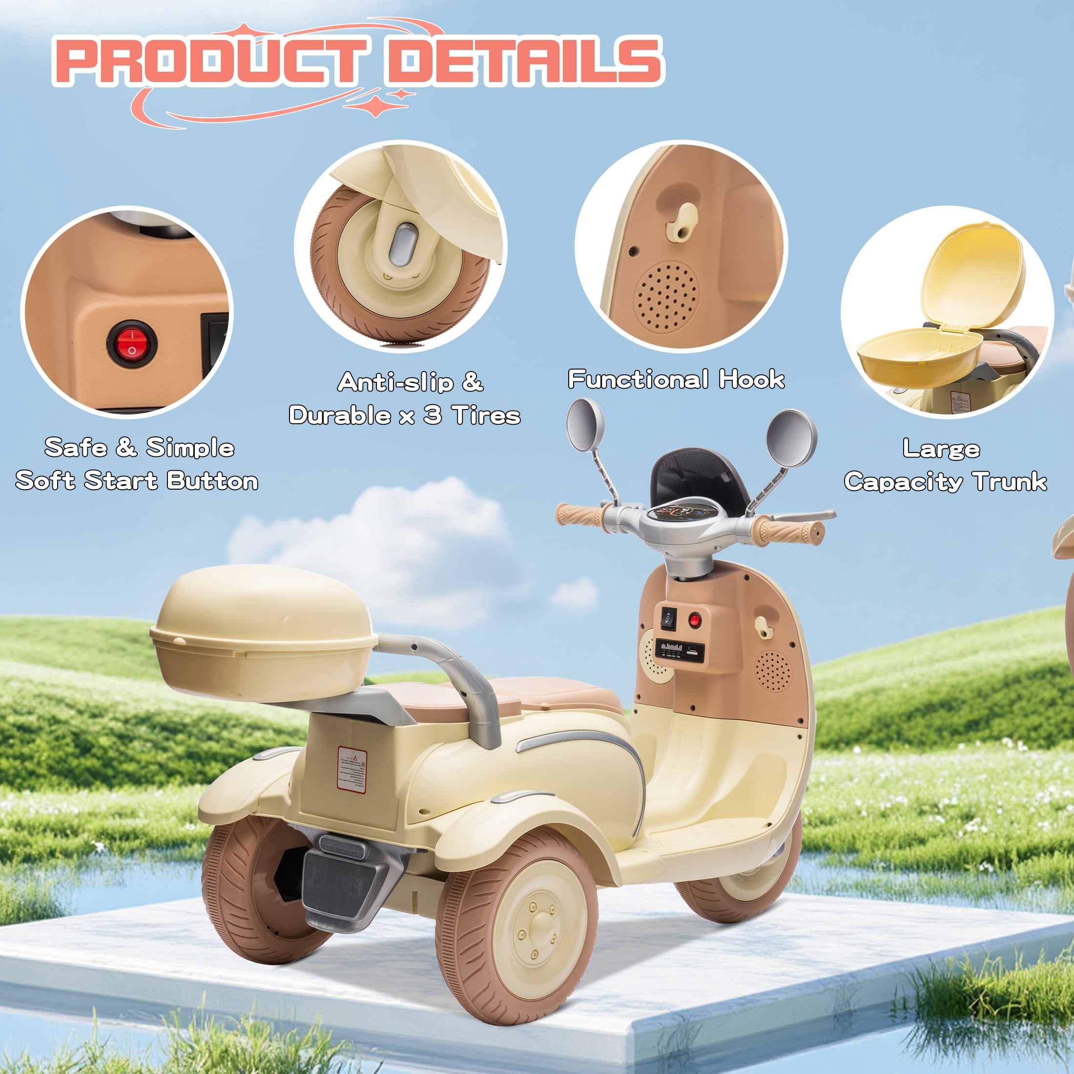 Dvsripa 12V Kids Electric Motorcycle,2 Seater Ride on 3 Wheel Scooter,Multi-function player,USB,Bluetooth,light,Backseat flip adult seat,Oversized Storage Box for kids Aged 3-6,Beige