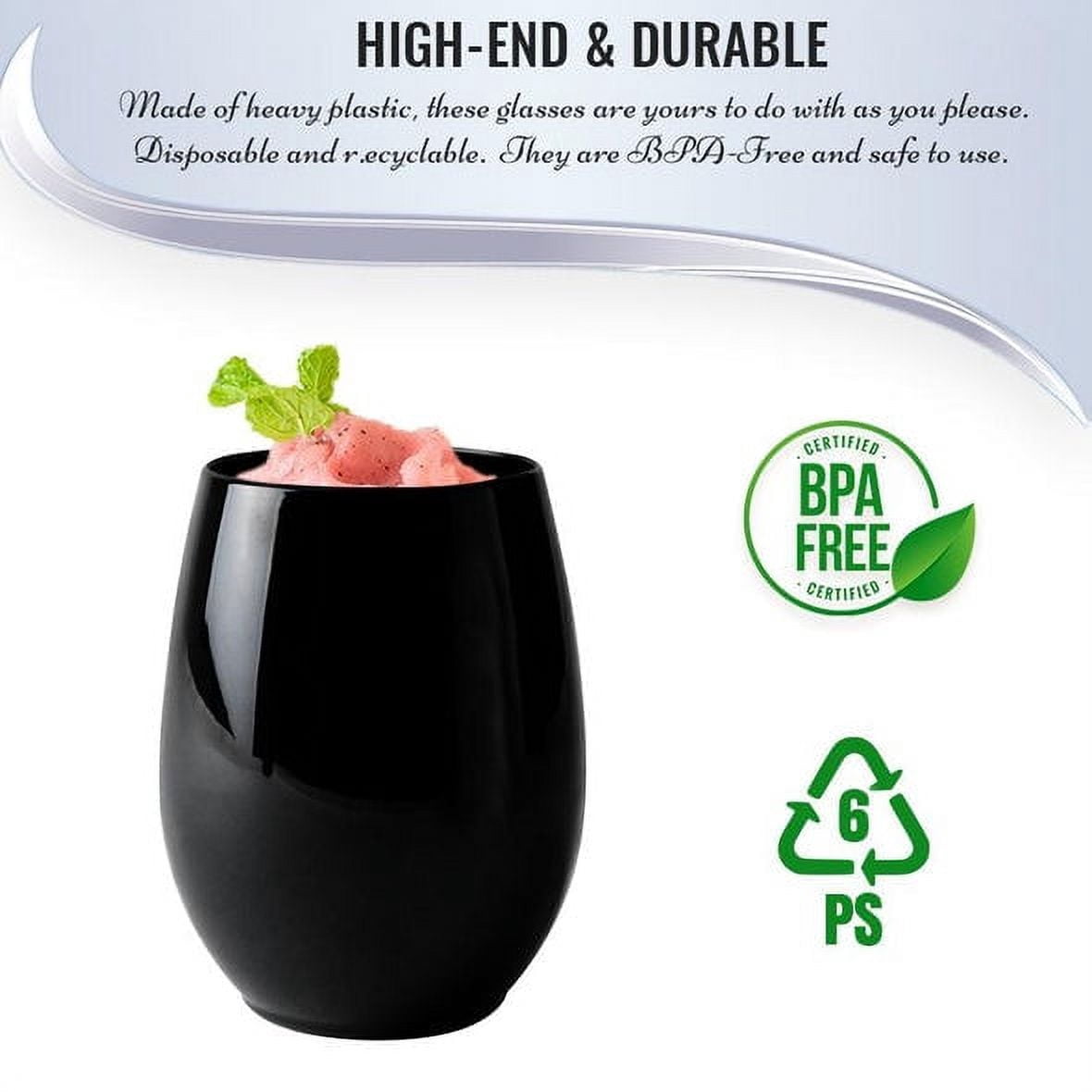 Smarty 12 oz. Black Elegant Stemless Plastic Wine Glasses 64ct