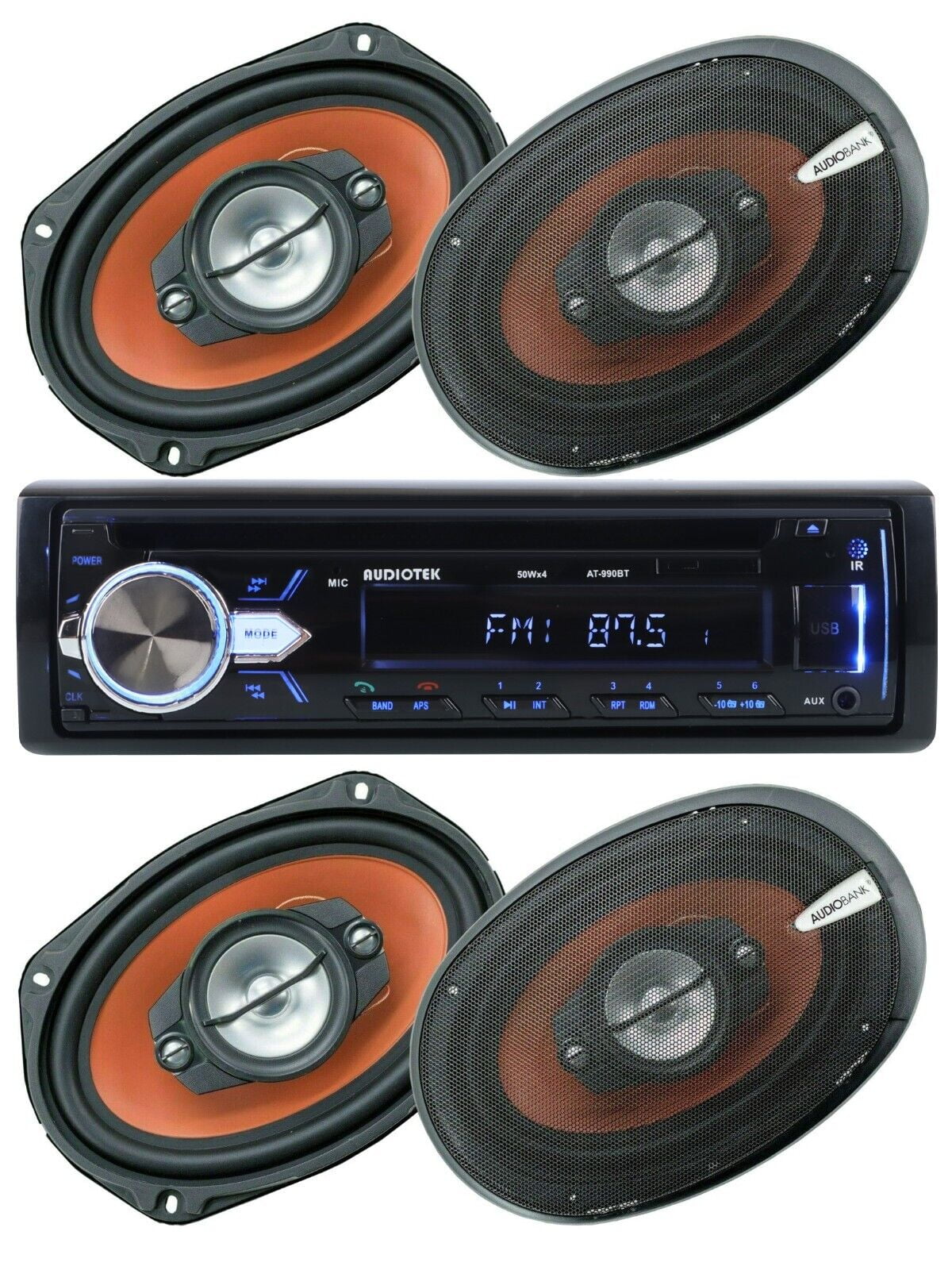 Audiotek Car Stereo CD Bluetooth Receiver + 4x Audiobank 6"x9" Coaxial