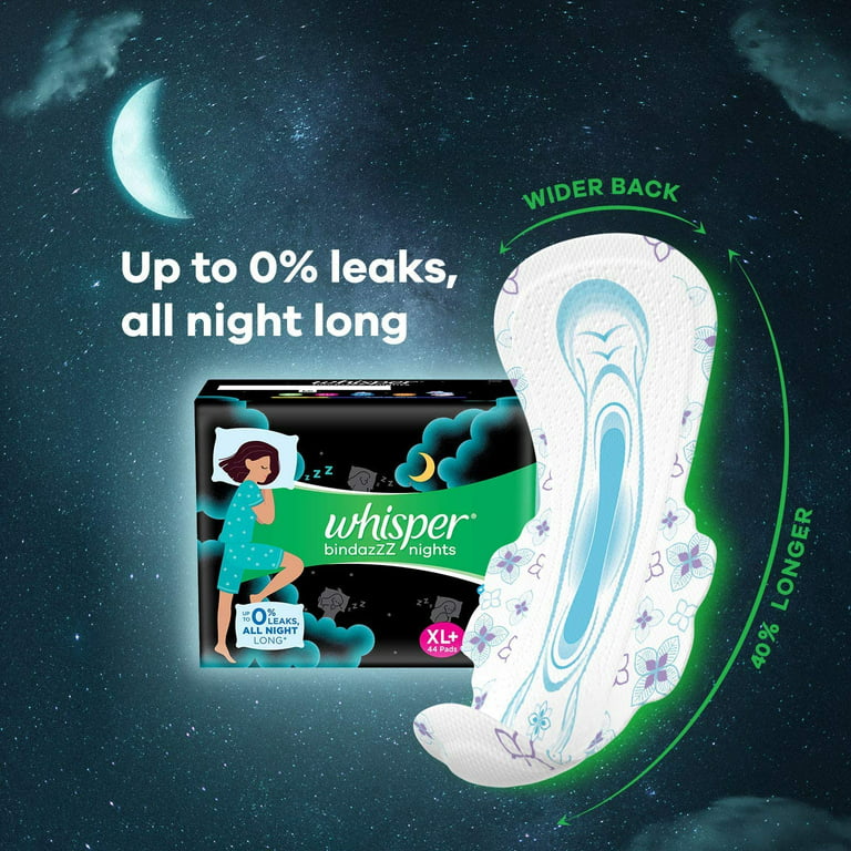 Whisper Bindazzz Night Sanitary Pads, Pack Of 15 Thin Pads, Xl+, Upto 0%  Leaks, 40% Longer & Wider Back, Dry Top Sheet, Long Lasting Coverage, Faster  Absorption, 31.7 Cm Long