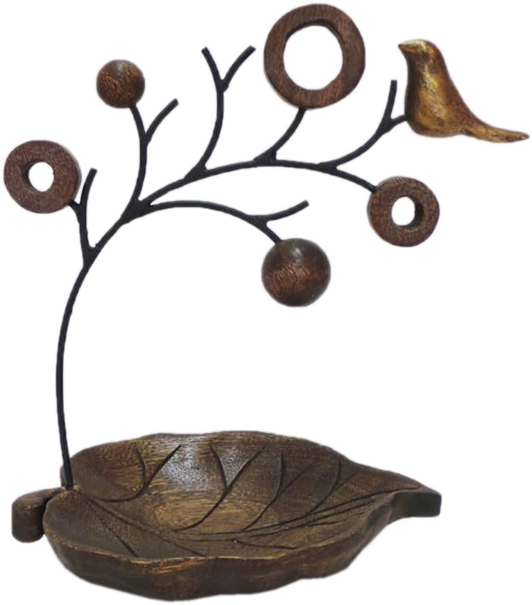 Handmade Wooden Jewelry Hanging Tree Stand with Bird Multi-Functional Necklace Metal Holder Display Organizer Rack with a Ring Dish Tray Great for Organization Decor Dining Room Centerpiece