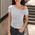 thumbnail image 4 of JSheng Summer Casual Tops for Women Fashion Women's Slim Solid Color Short-Sleeved Off-Shoulder Tops White L, 4 of 5