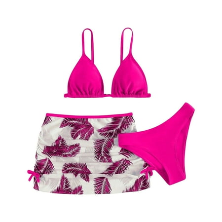 Coerni Teen Girls Swimsuit 3 Piece Tropical Print Bikini Set Cute Bathing Suit Kids Beach Swimwear with Cover Up Beach Skirt