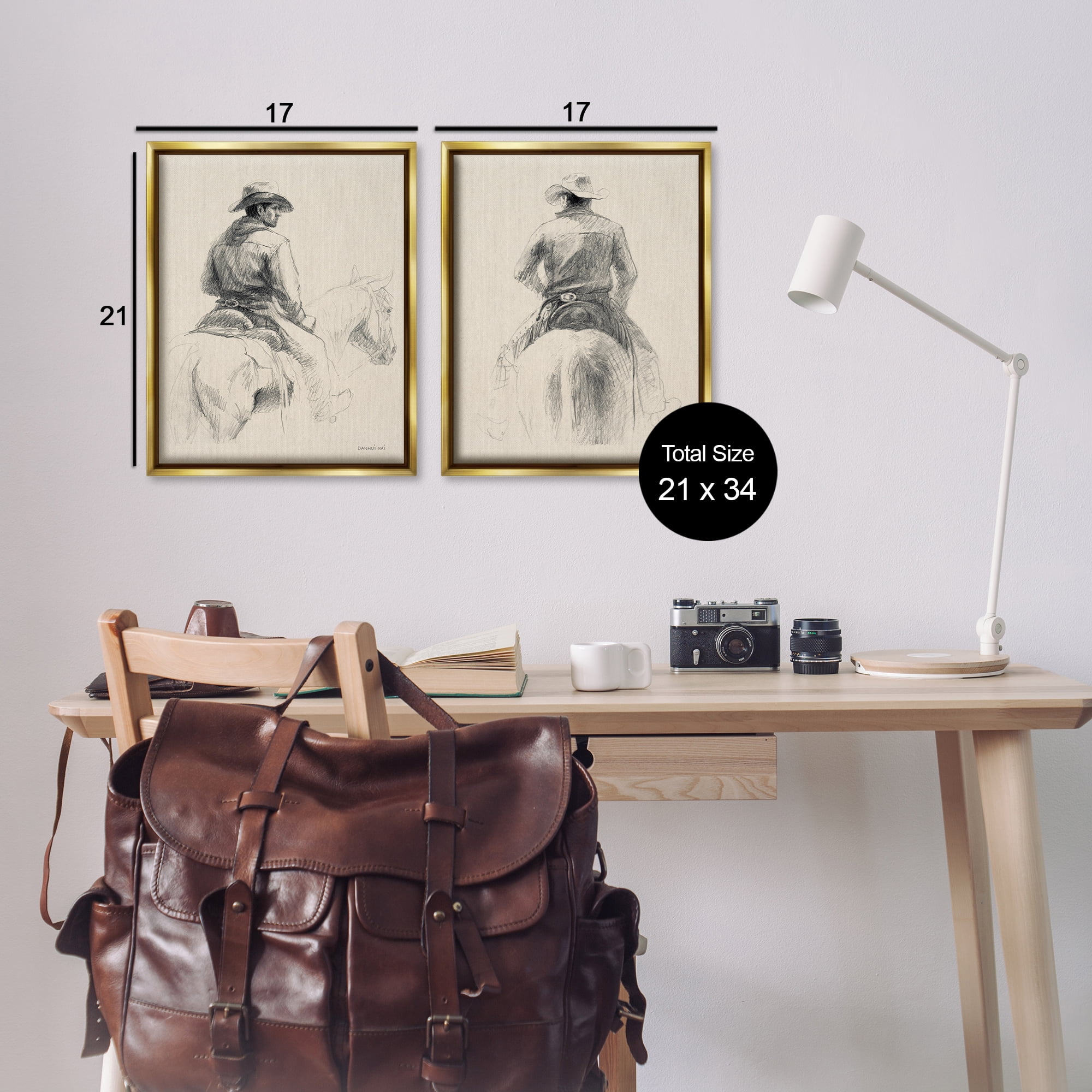 Stupell Industries Sketched Cowboy on Range People Drawing Gold Floater Framed Canvas Art Print Wall Art, 17 x 21, Set of 2